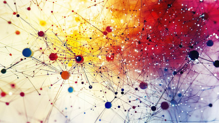 Interconnected digital network, abstract design, no people, space for textの素材