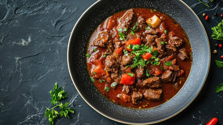 Flat lay of a plate of carne guisada, rich and savory, space for textの素材