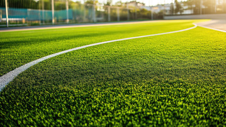 Green grass running track, freshly marked lanes, no runners, ample space for textの素材