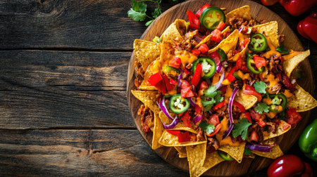 Overhead shot of a plate of fajita nachos, vibrant toppings, space for textの素材