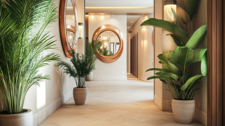 Hallway with stylish mirrors and plants, contemporary design, plenty of room for textの素材