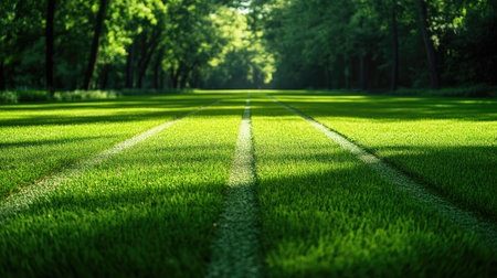 Lush green grass track, no runners, freshly marked, ample space for copyの素材
