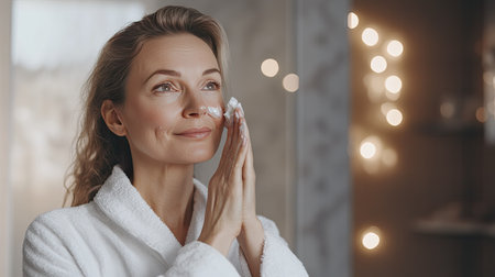 Middle-aged woman in a bathrobe, applying facial cream in the bathroom, soft focus, ample space for textの素材