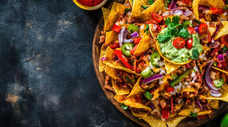 Overhead shot of a plate of fajita nachos, vibrant toppings, space for textの素材