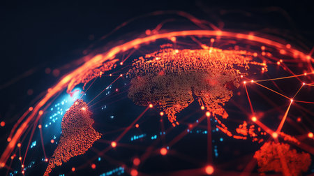 Glowing network connections around a digital globe, abstract design, space for copyの素材