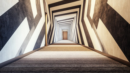 Modern hallway with geometric wall patterns, no people, clean lines, space for copyの素材