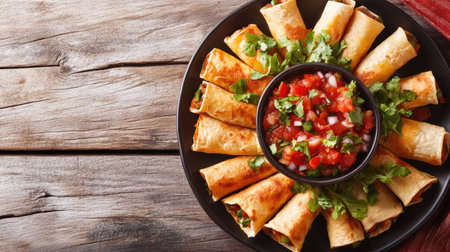 Overhead shot of a plate of flautas with salsa, vibrant colors, ample space for copyの素材
