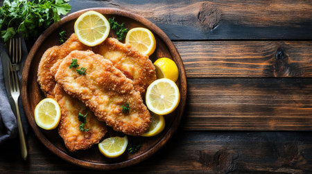 Top view of Austrian schnitzel with lemon slices, arranged with plenty of room for text.の素材