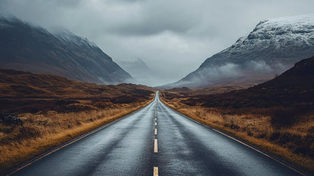 A road cutting through the dramatic landscapes of Scotland's Highlands, with room for your messageの素材