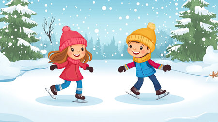 A cartoon happy boy and girl ice skating on a frozen pond, with ample space for text in the winter sceneryの素材