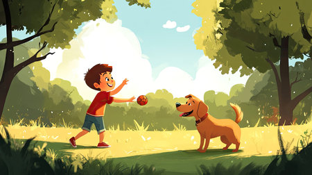 A cartoon child playing fetch with a dog, with plenty of room for copy in the park setting.の素材