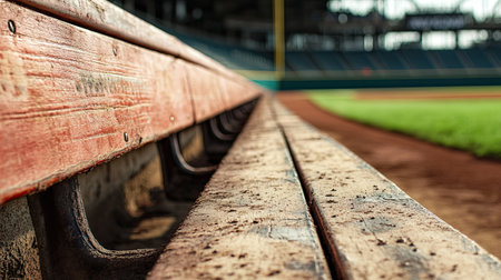 Detailed shot of empty dugout in a baseball stadium, clear background with ample copy spaceの素材