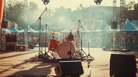 Music festival stage setup during the day, no crowd, with space for text or brandingの素材