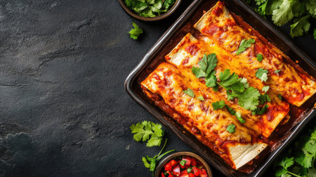 Overhead shot of enchiladas smothered in sauce, garnished with cilantro, space for textの素材