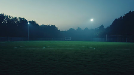 Quiet football field at dawn, no people, peaceful atmosphere, room for textの素材