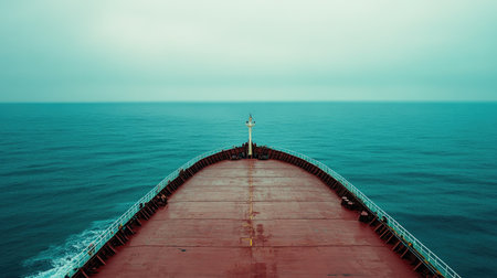 Cargo ship navigating through calm seas empty deck room for textの素材