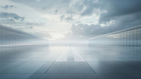 Peaceful runway scene, minimalistic, clean lines, inviting atmosphere, ample space for copyの素材