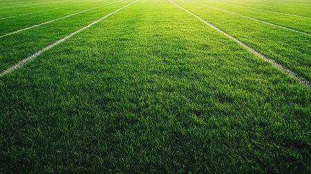 Empty green grass track field, vibrant and open, perfect for text overlayの素材