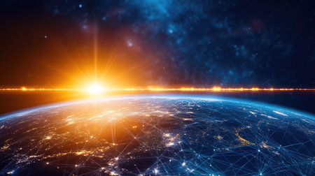 Digital globe with satellite beams, network concept, no people, room for textの素材