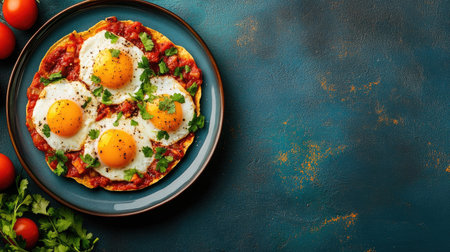 Flat lay of a plate of huevos divorciados, vibrant colors, space for copyの素材