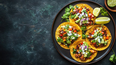 Flat lay of a plate of tostadas with various toppings, space for textの素材