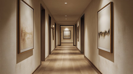 Elegant hallway with framed art on walls, minimalist decor, ample space for textの素材