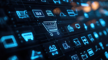 E-commerce icons on a digital touch screen no people clear space for copyの素材