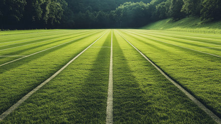 Green grass field with running lanes, no one in sight, ample room for copyの素材