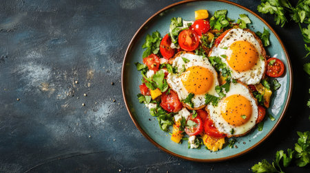 Flat lay of a plate of huevos divorciados, vibrant colors, space for copyの素材