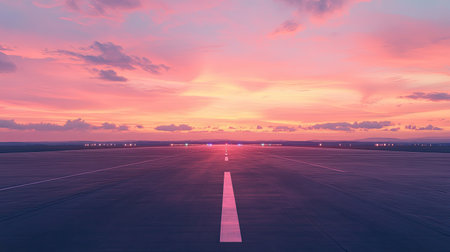Empty runway at sunset, minimalistic design soft lighting, space for text, serene atmosphereの素材