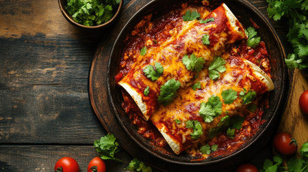 Overhead shot of enchiladas smothered in sauce, garnished with cilantro, space for textの素材