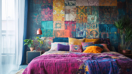 Bohemianstyle wallpaper with a mix of eclectic patterns, adding a vibrant, artistic flair to any room.の素材