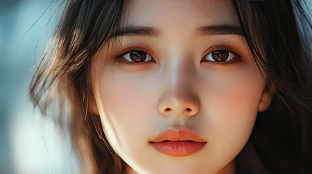 Serene close-up of an Asian girl with glowing skin, focus on beauty, room for copyの素材