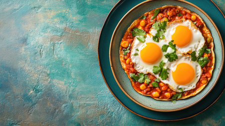 Top view of a plate of huevos a la Mexicana, vibrant colors, space for textの素材