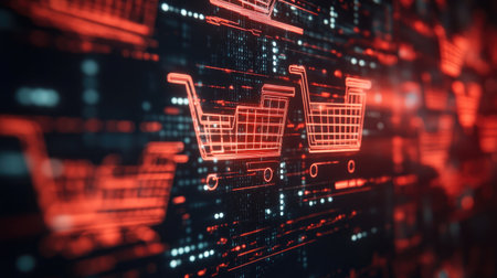 Shopping cart icons on a virtual screen, abstract design, room for copyの素材