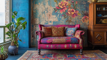 Bohemianstyle wallpaper with a mix of eclectic patterns, adding a vibrant, artistic flair to any room.の素材