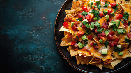 Top view of a plate of nachos with melted cheese, vibrant toppings, copy space availableの素材