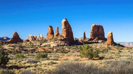 Red rock formations at Arches National Park, clear blue skies, open area for text overlayの素材