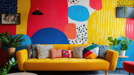 Bold, colorful wallpaper with a playful, abstract pattern, adding energy and vibrancy to a modern interior.の素材