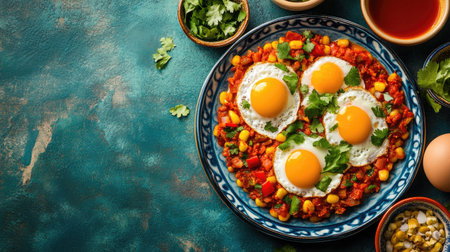 Top view of a plate of huevos a la Mexicana, vibrant colors, space for textの素材
