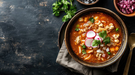 Top view of a bowl of pozole, rich broth, garnished with radishes, space for copyの素材