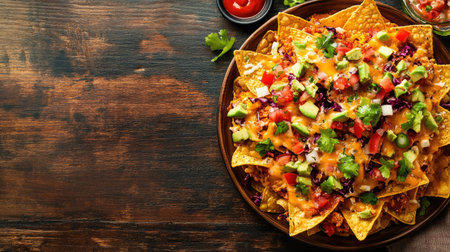 Top view of a plate of nachos with melted cheese, vibrant toppings, copy space availableの素材