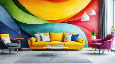 Bold, colorful wallpaper with a striking, abstract pattern, adding energy and vibrancy to a modern room.の素材