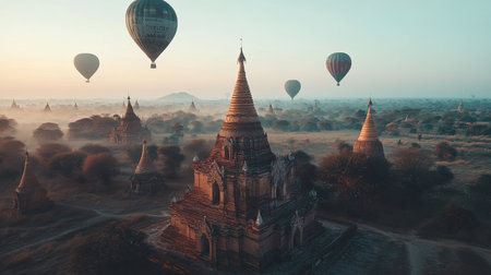 Buddhist stupa at Bagan, Myanmar, with hot air balloons in the background. No people, copy space.の素材