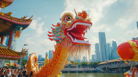 Colorful dragon dance during the Lunar New Year celebration in Singapore. No people, copy space.の素材