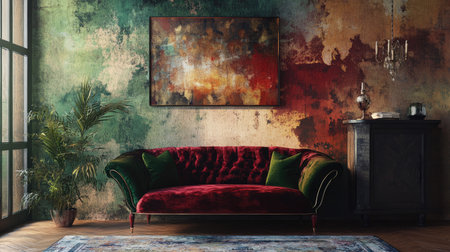 Luxurious wallpaper with a velvet texture and deep, rich colors, adding an opulent feel to a bedroom or lounge.の素材