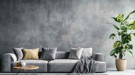 Industrialstyle concrete wallpaper on a living room wall, adding a raw, edgy look. Copy space on the side.の素材