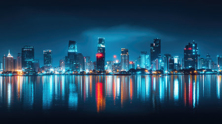 Iconic skyline of Ho Chi Minh City, Vietnam, at night with bright lights. No people, copy space.の素材