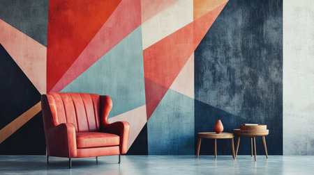 Modern, abstract wallpaper with bold geometric designs, making a striking statement in a contemporary interior.の素材