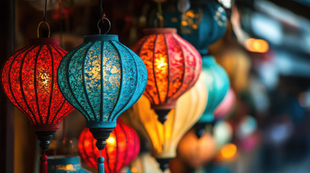 Colorful silk lanterns at a street market in Hoi An, Vietnam. No people, copy space.の素材